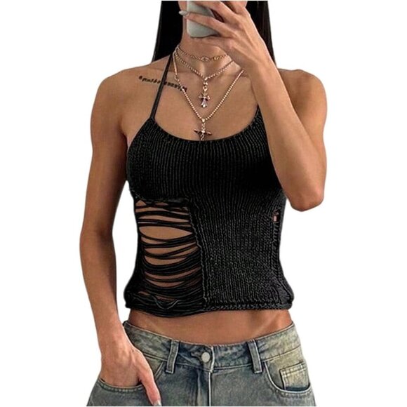 Tops - Women's Black Acrylic Knitted Crop Top Sleeveless Tie Back Y2K Style